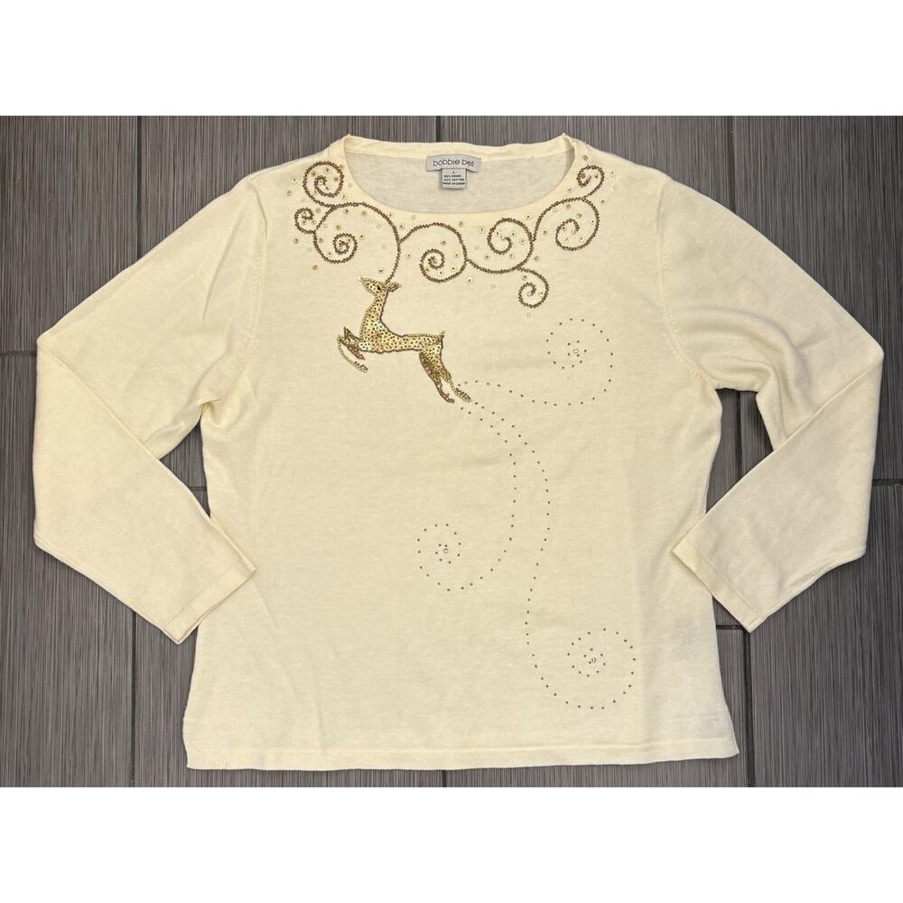 Vintage Bobbie Bell Women’s Cream Sweater Beaded Sequin Deer Holiday Size Large
